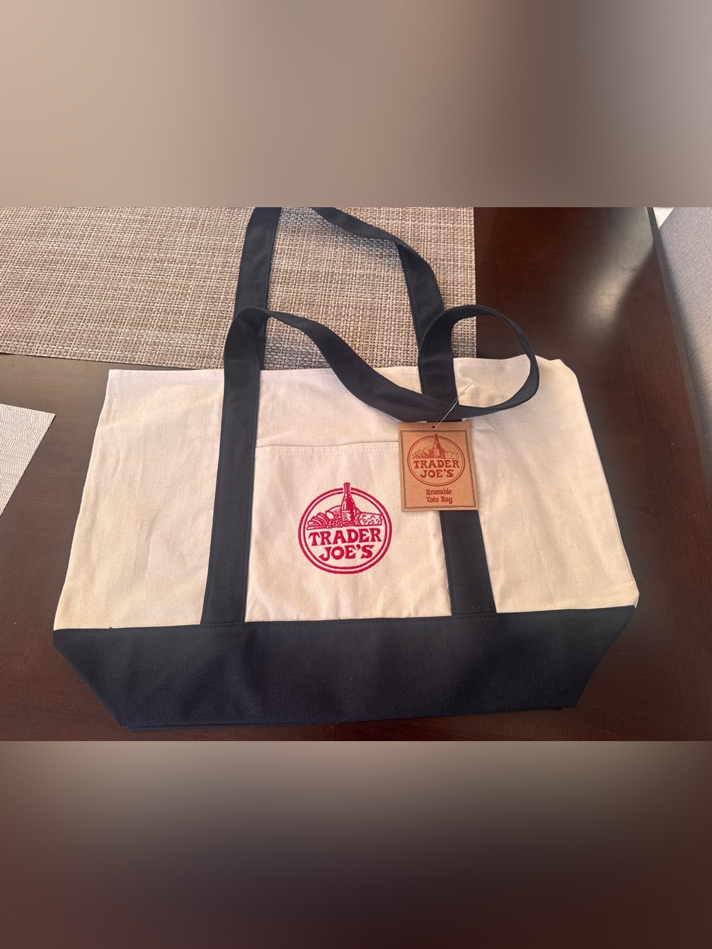 Trader Joe's Reusable Canvas Tote Bag Dark Blue  & Cream